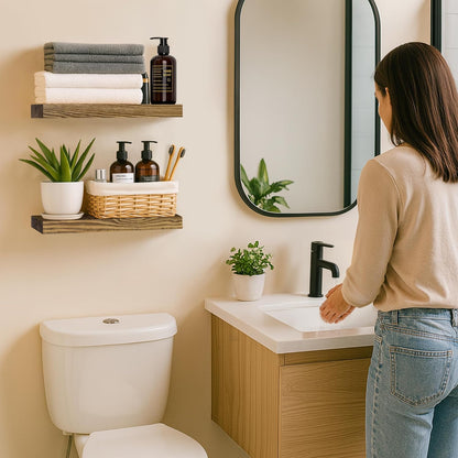 BGMG Wood Floating Shelves for Wall 18 inch Set of 2, Rustic Wooden Wall Mount Shelves for Bathroom