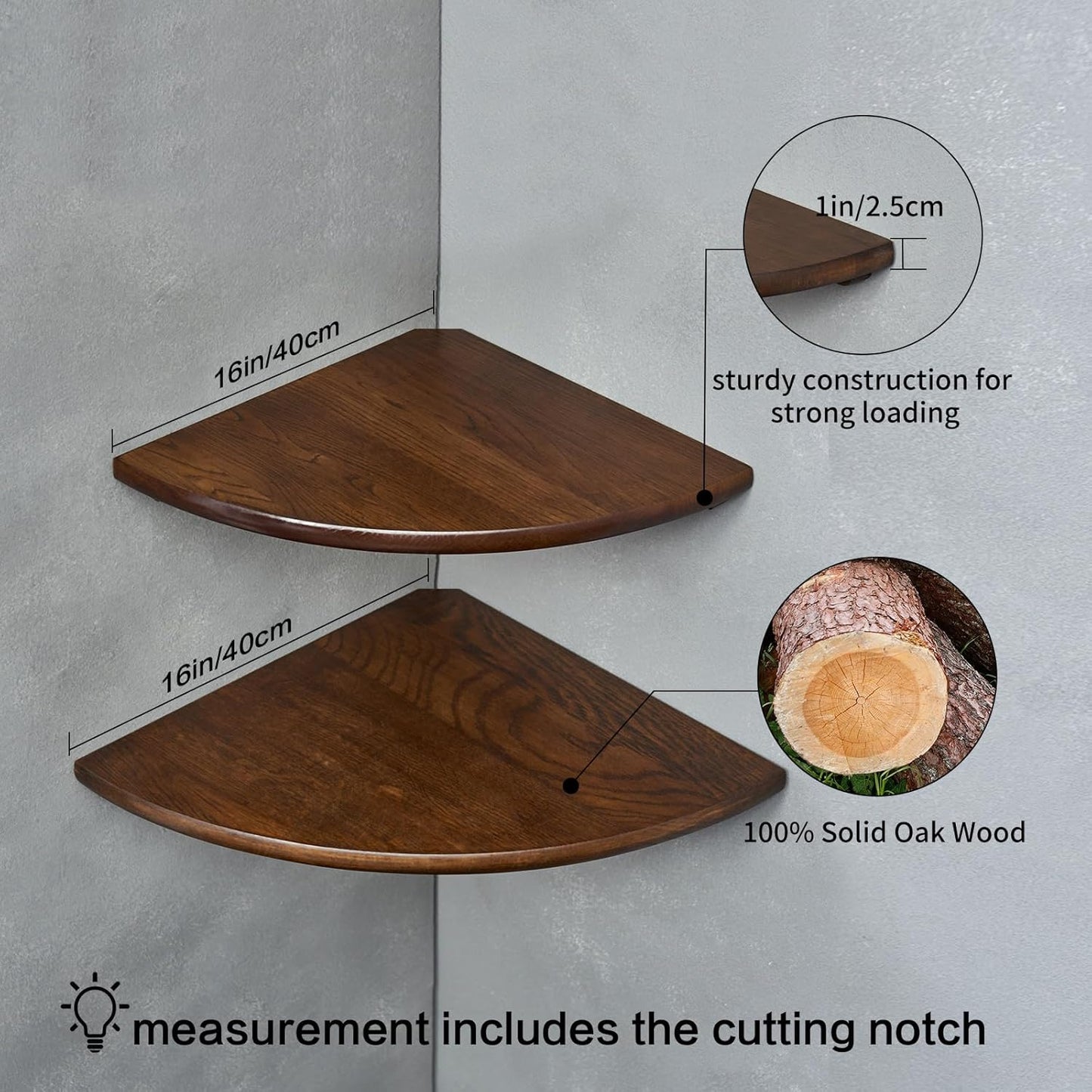 Corner Shelves, Floating Corner Shelf, Set of 2 16inch Solid Oak Wood Corner Wall Shelves, Round