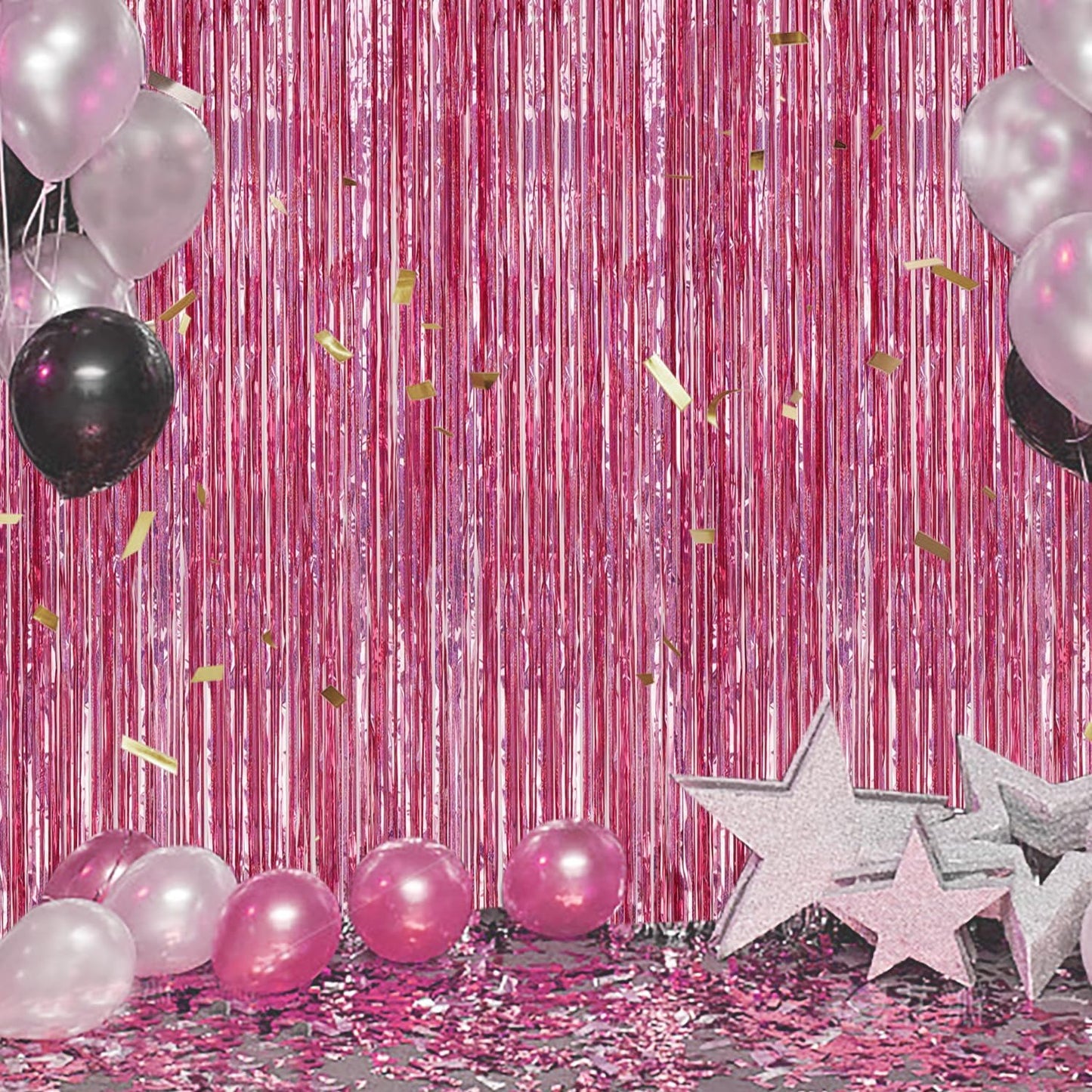 3 Pack Foil Fringe Backdrop - Laser Pink Shiny Tinsel Curtains for Party Decoration/Photo Booth