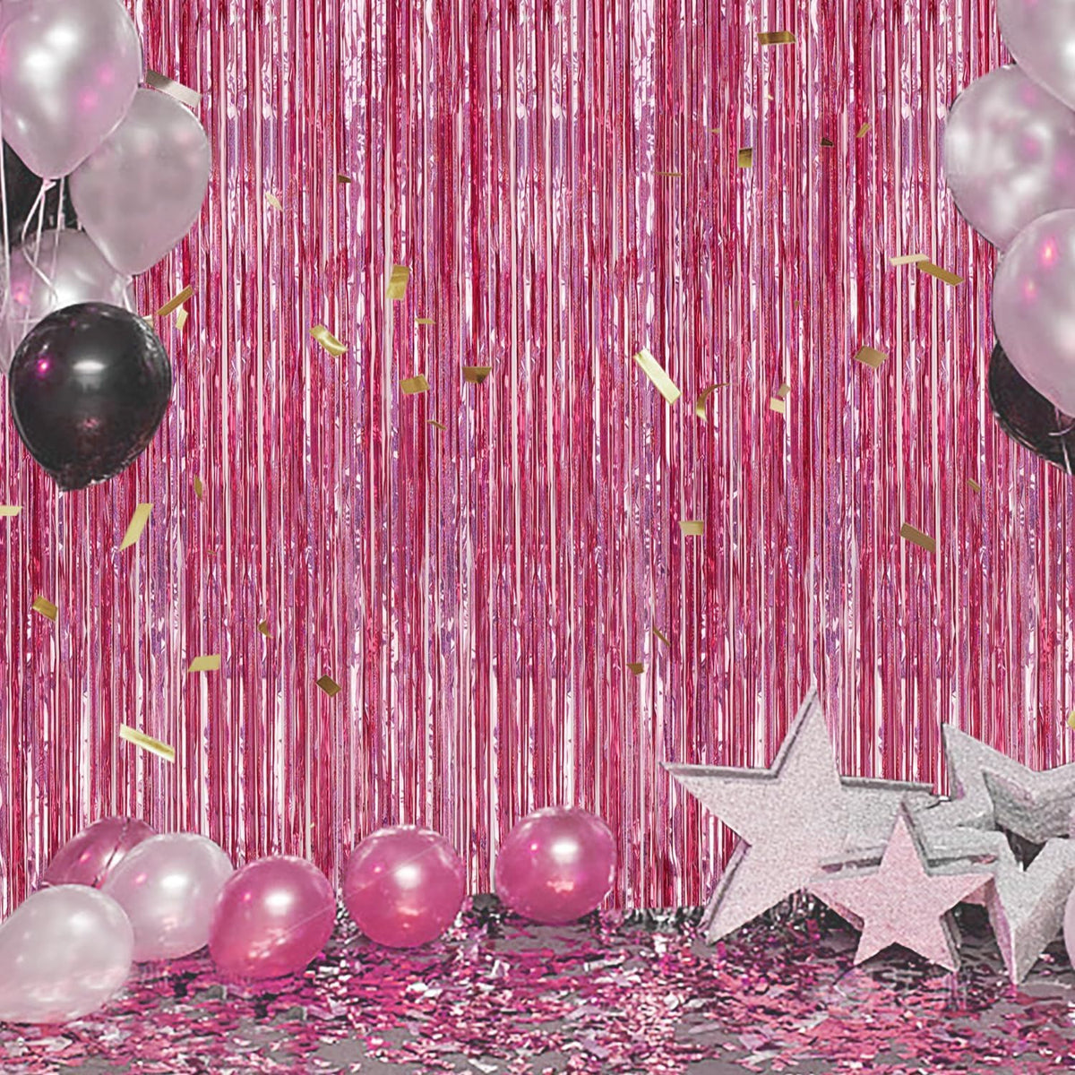 3 Pack Foil Fringe Backdrop - Laser Pink Shiny Tinsel Curtains for Party Decoration/Photo Booth