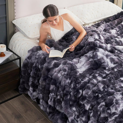 Cozy Bliss Faux Fur Throw Blanket for Couch, Fuzzy Soft Plush Thick Bubble Blanket for Sofa Bedroom