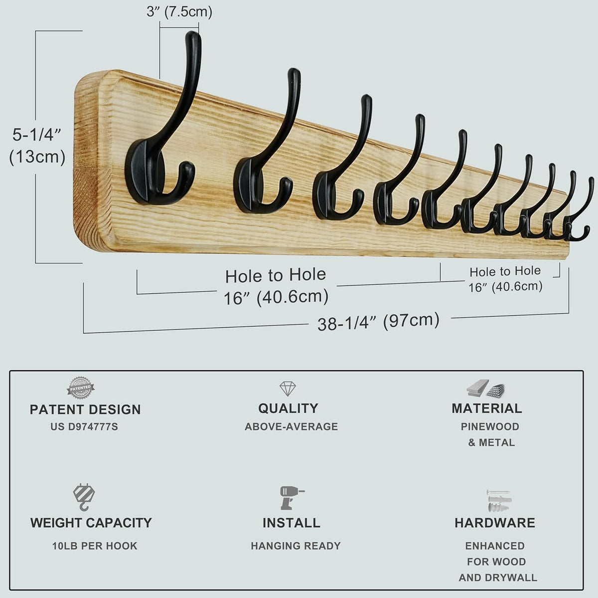 Dseap Coat Rack Wall: 38-1/4" Long, Patented, Heavy-Duty, 10-Double-Hooks Wooden Wall Mounted Coat