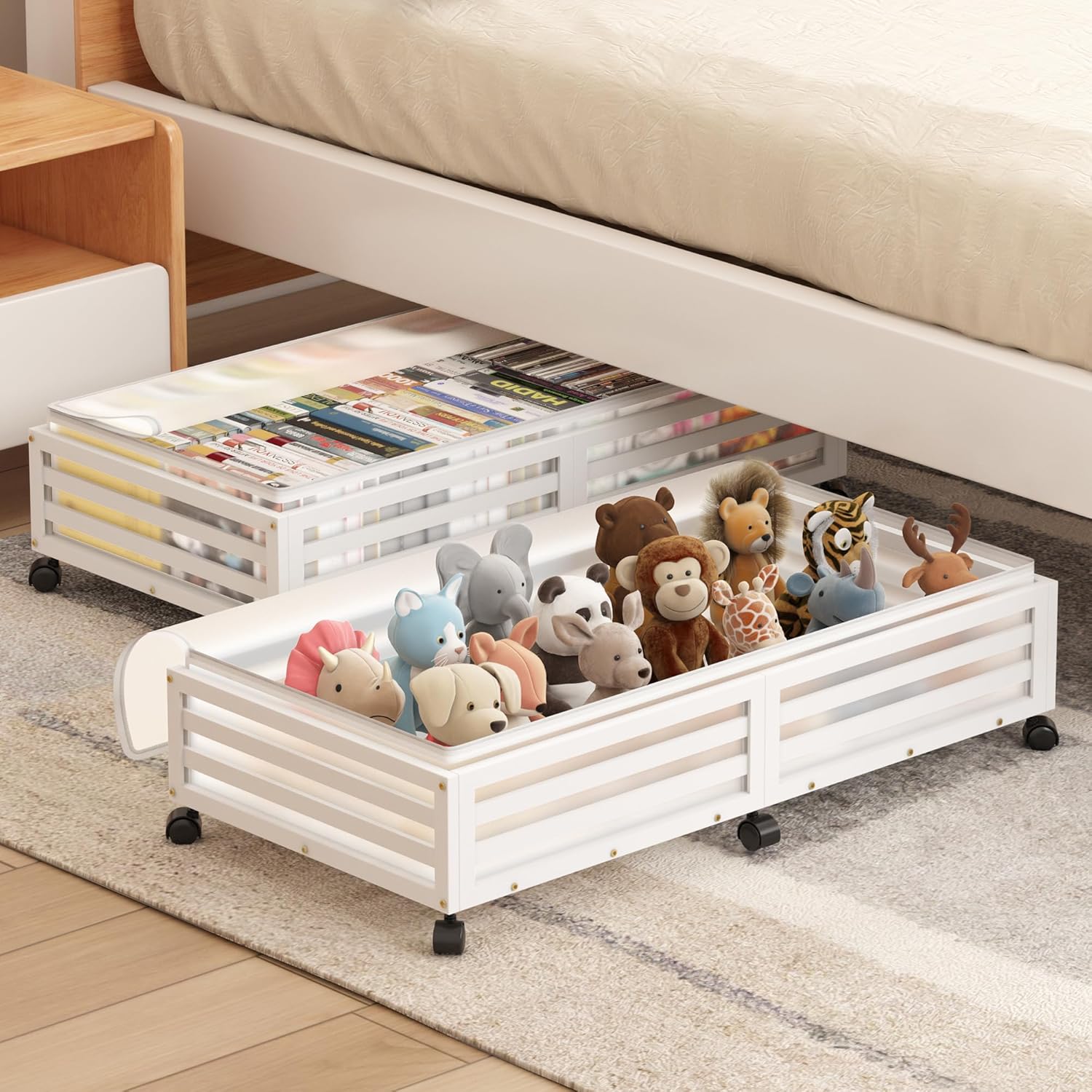 Under Bed Storage with Wheels-Large Bamboo Underbed storage Containers with Large Dust Bag