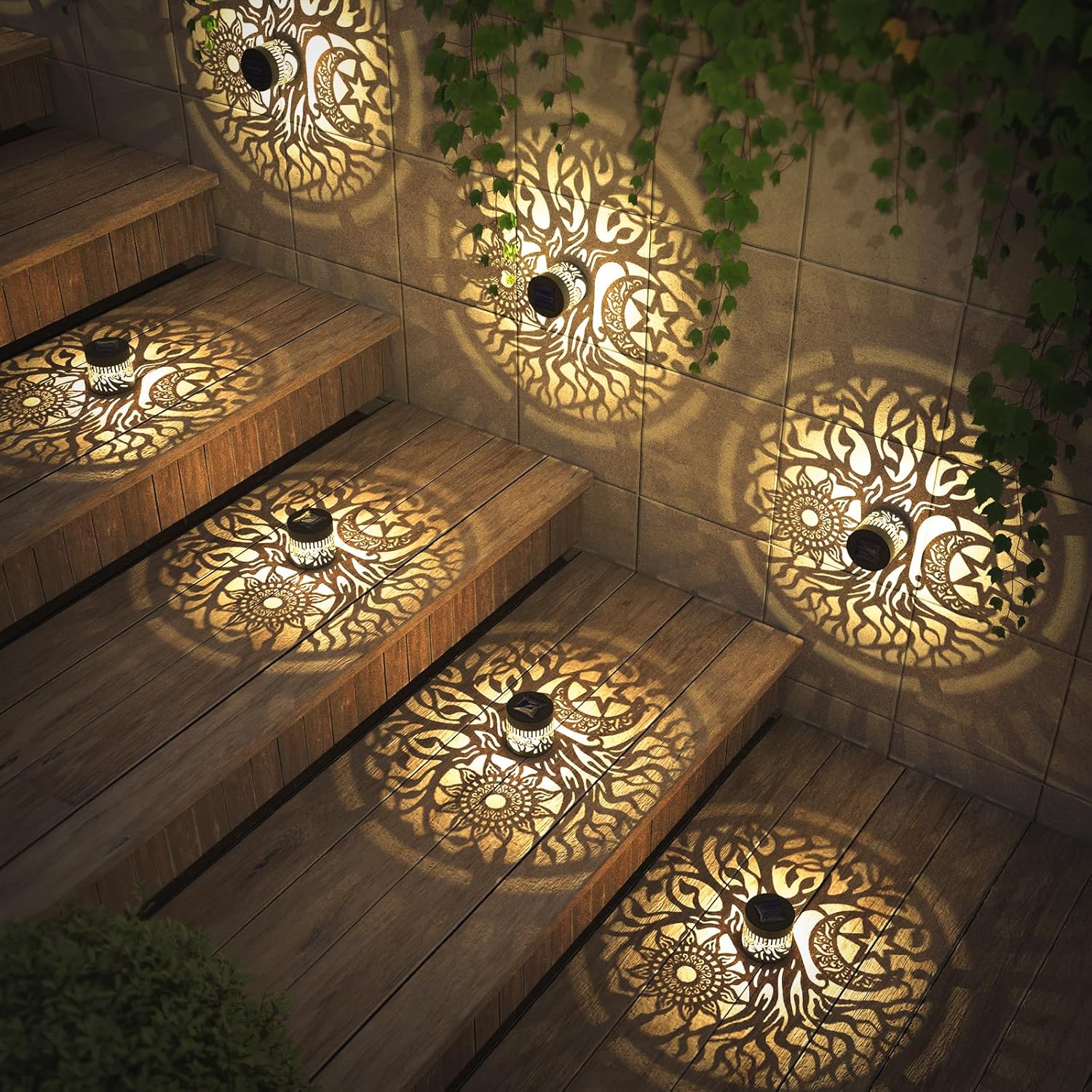 2 Pack Solar Fence Lights Metal Solar Powered Outdoor Wall Deck Step Lights Tree Theme Waterproof