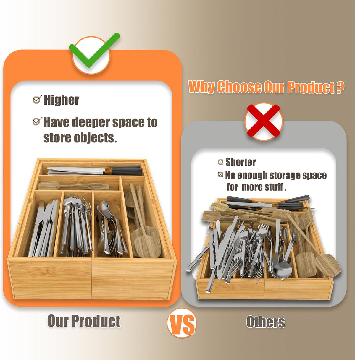 BAMEOS 3.9inch Tall Bamboo Drawer Organizer, Expandable Utensil Holder with 8 Compartments