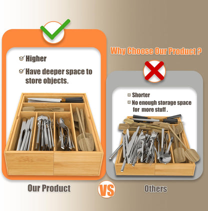 BAMEOS 3.9inch Tall Bamboo Drawer Organizer, Expandable Utensil Holder with 8 Compartments