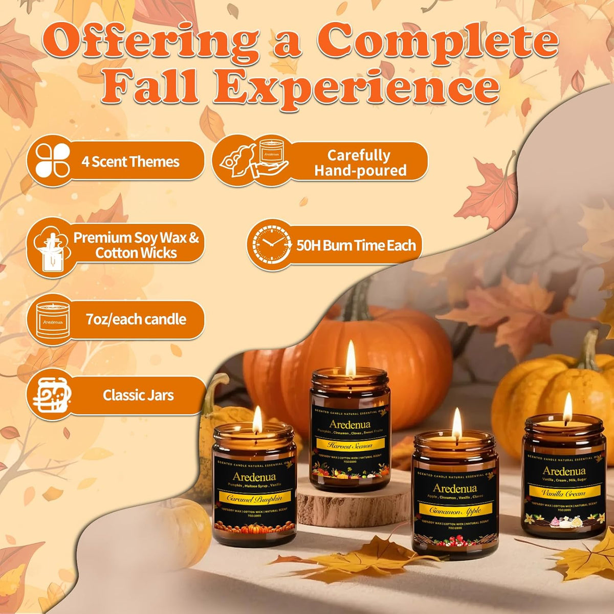 Fall Candles Set | 4 Pack Autumn Scented Candles - Fall Candle Gifts for Women Men, Soy Candles for