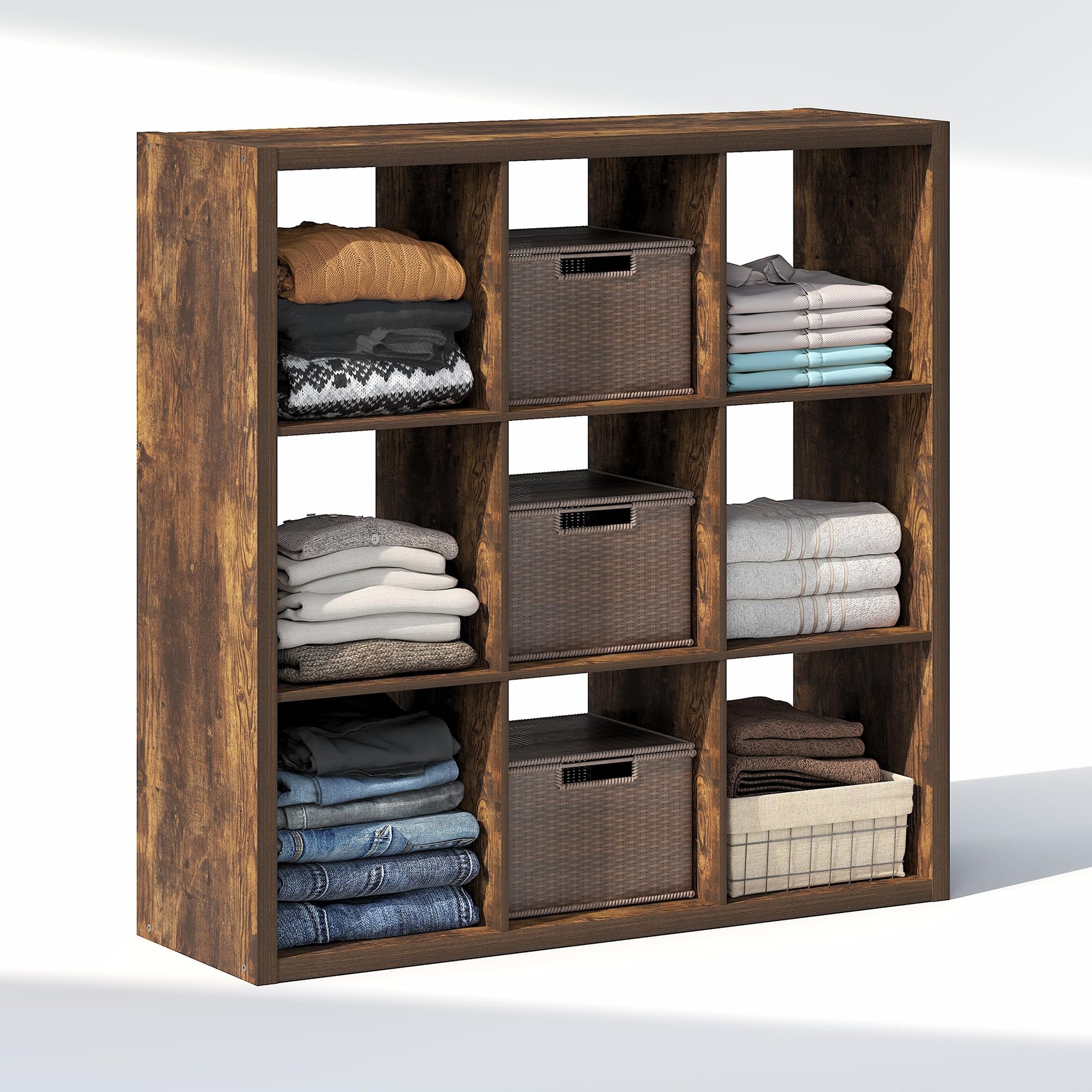 Furinno Cubic Extra Thick 9-Cube Closet Organizers and Storage, Amber Pine