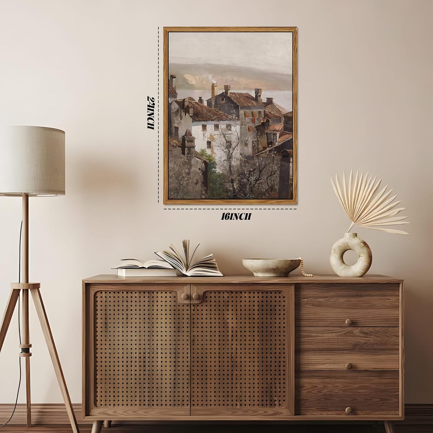 Floating Framed Vintage Canvas Wall Art, European Country Towns Wall Decor Oil Paintings Artwork
