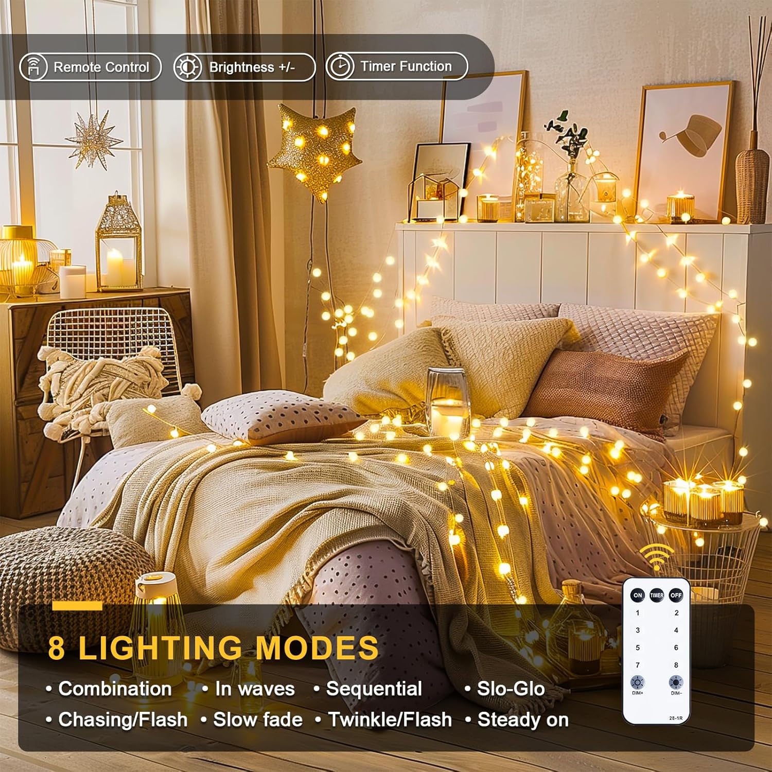 JMEXSUSS 100 LED Connectable Globe String Lights Indoor Bedroom, 33ft Warm White Christmas String