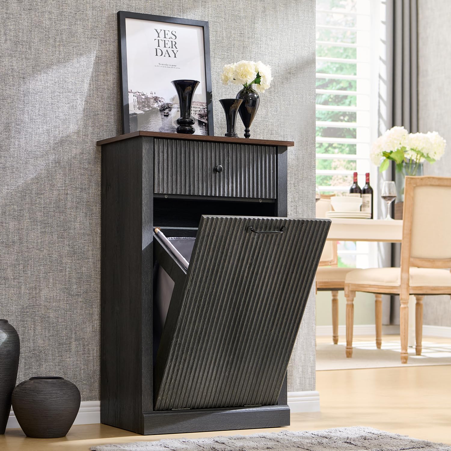 Modern Tilt-Out Trash Can Cabinet, 10 Gallon Fluted Laundry Hamper Cabinet with Drawers, Wooden