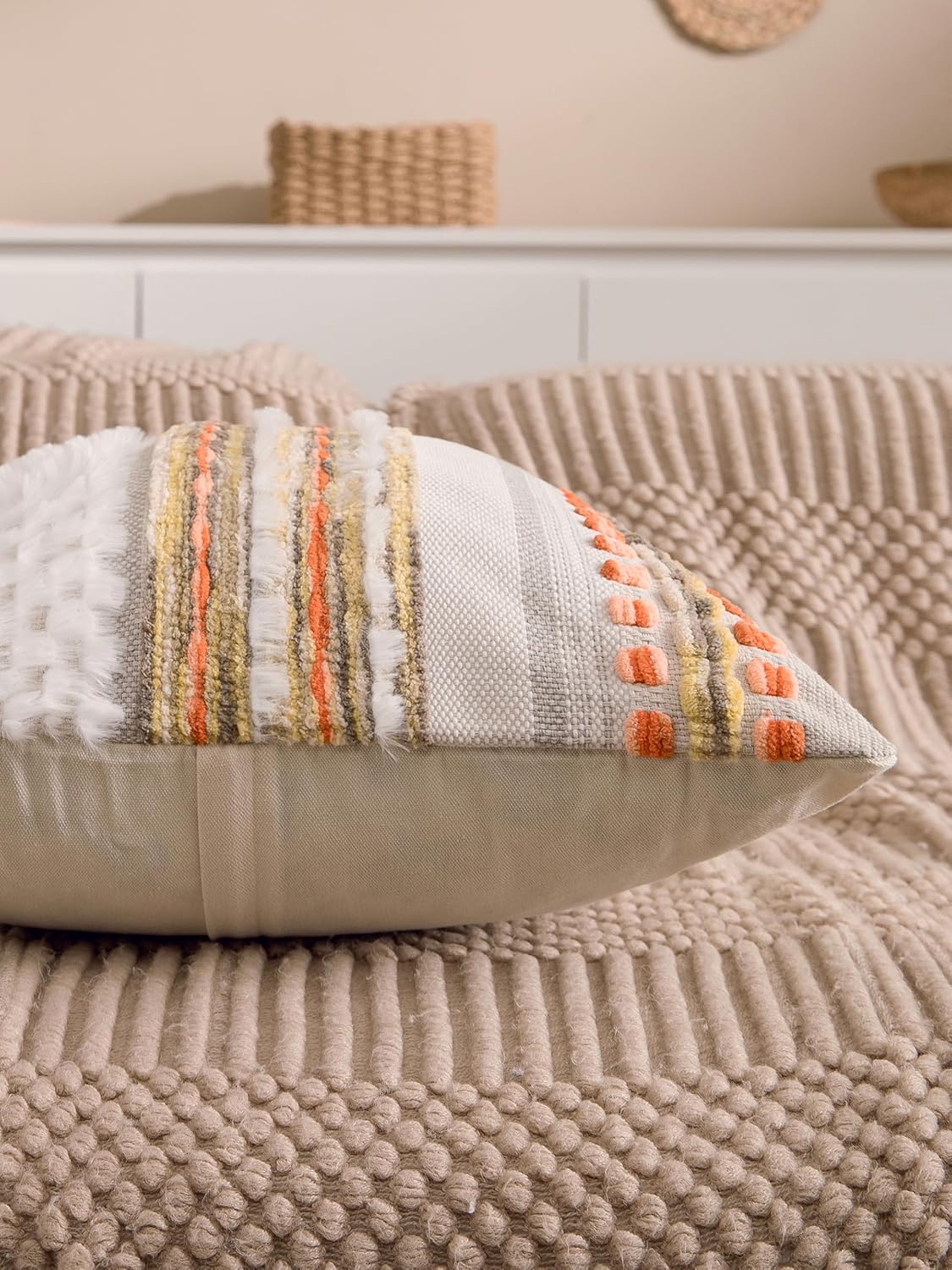 Fall Boho Chenille Tufted Throw Pillow Covers 18x18 Inch Set of 2 Farmhouse Striped Couch