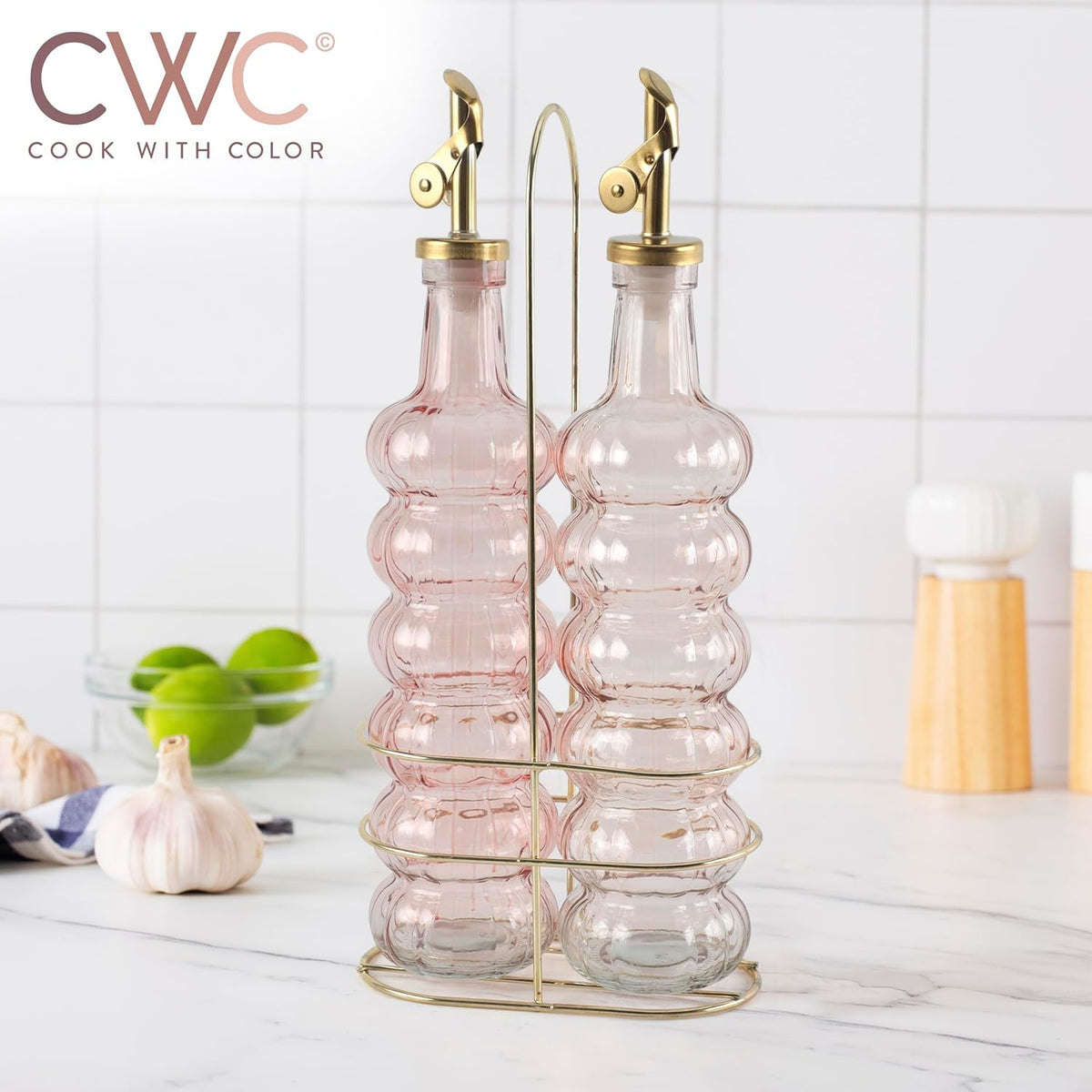 COOK WITH COLOR Glass Olive Oil Bottle Dispenser - 2 Pack- 17oz Oil and Vinegar Cruet - Olive Oil