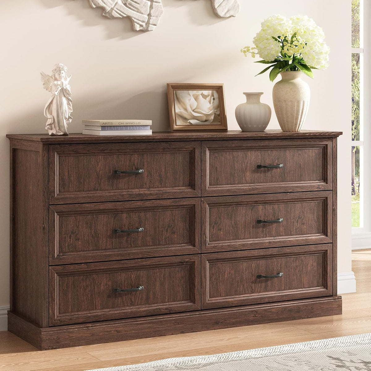 Farmhouse 6 Drawer Dresser for Bedroom, 55 Inch Wide Modern Brown Dresser TV Stand with Large