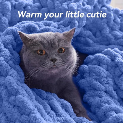 Chunky Knit Throw Blanket, 60''*80'' Knitted Throw Chenille Yarn for Bed Couch, Handmade Light Blue