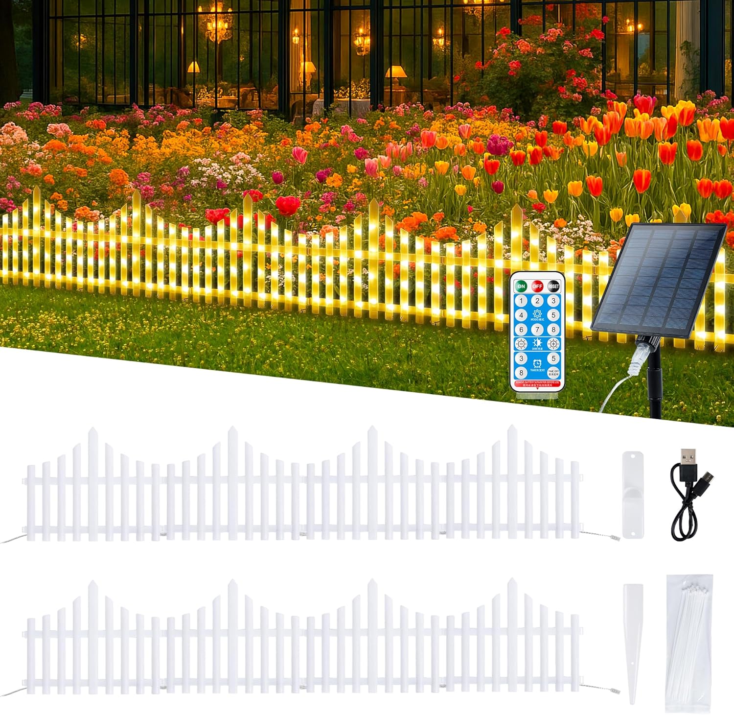 Hopolon 8 Pack White Picket Fence for Garden, 11.1in (H) X 9.1ft (L) Garden Fence Border with 144