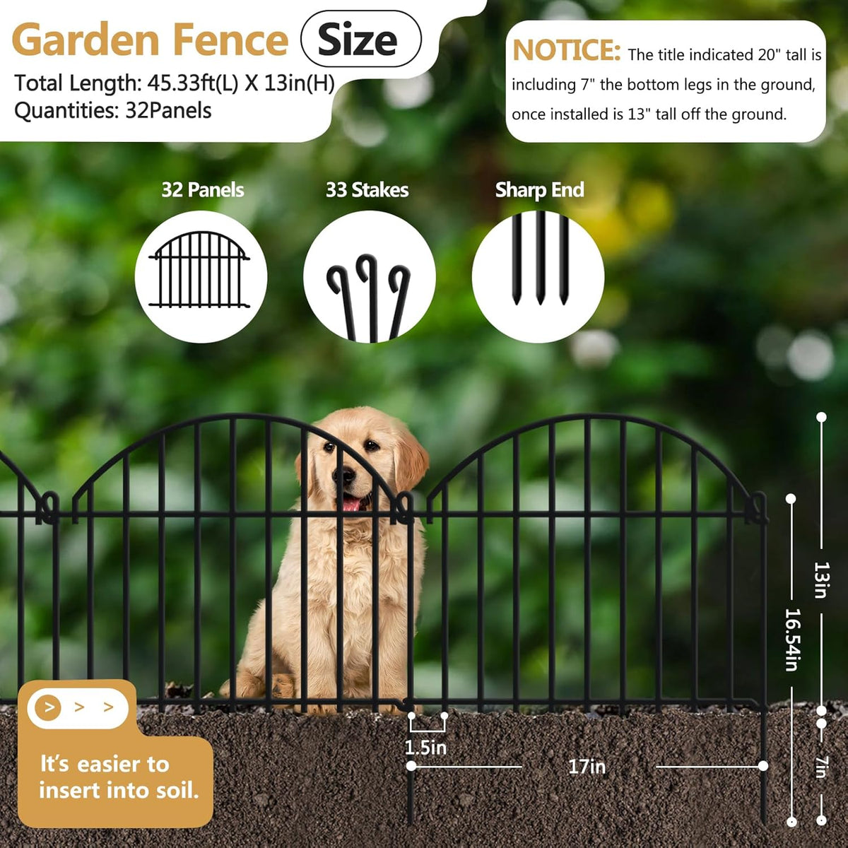 45.33ft x 20in Garden Fence, 32 Panels Animal Barrier Fences for Dogs Rabbit, Anti Digging Defense