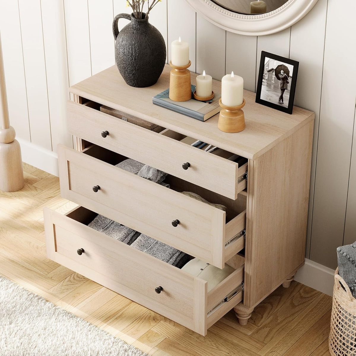WAMPAT Baby Dresser with 3 Drawers, Kids Dressers with Wide Chest of Drawers, Mid Century Modern