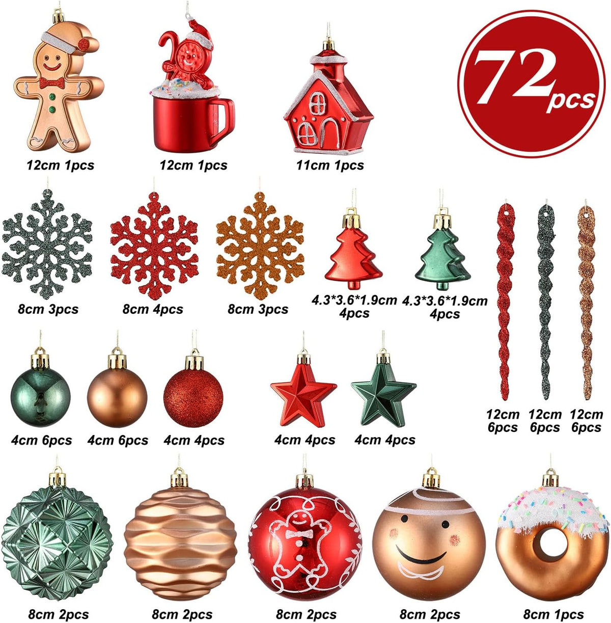 Gingerbread Man Christmas Tree Ball Ornaments Set - 72 ct Red Green Copper Gold Plastic