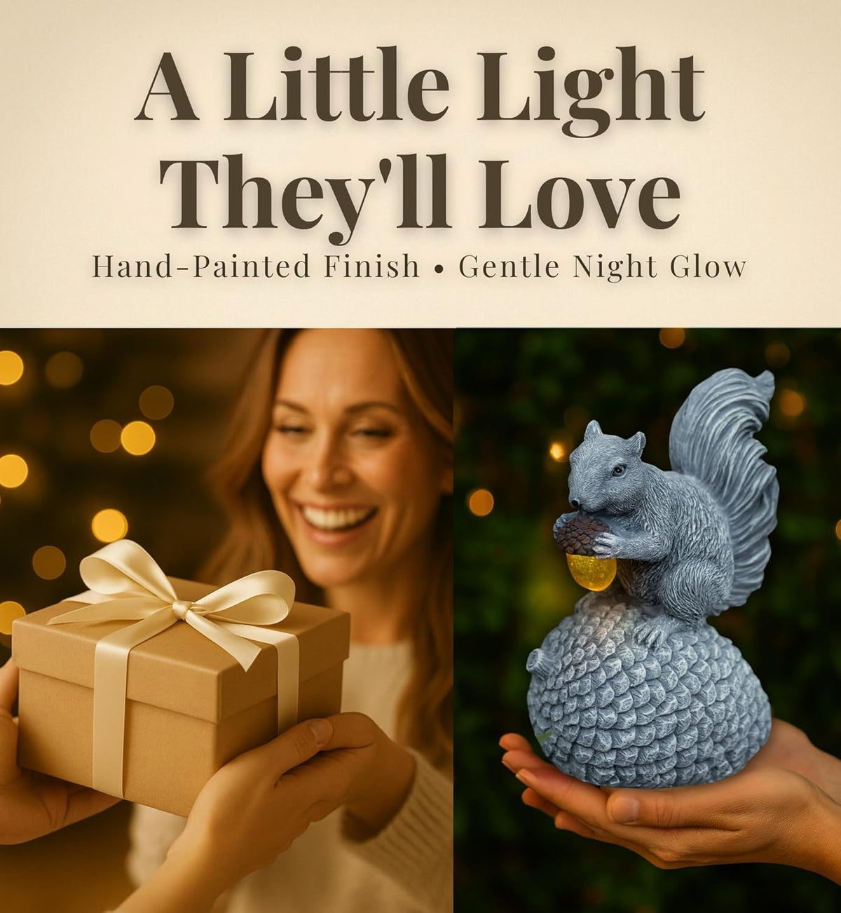 Solar Garden Statue – Hand-Painted Resin Squirrel on Pinecone with Glowing LED Acorn – Charming