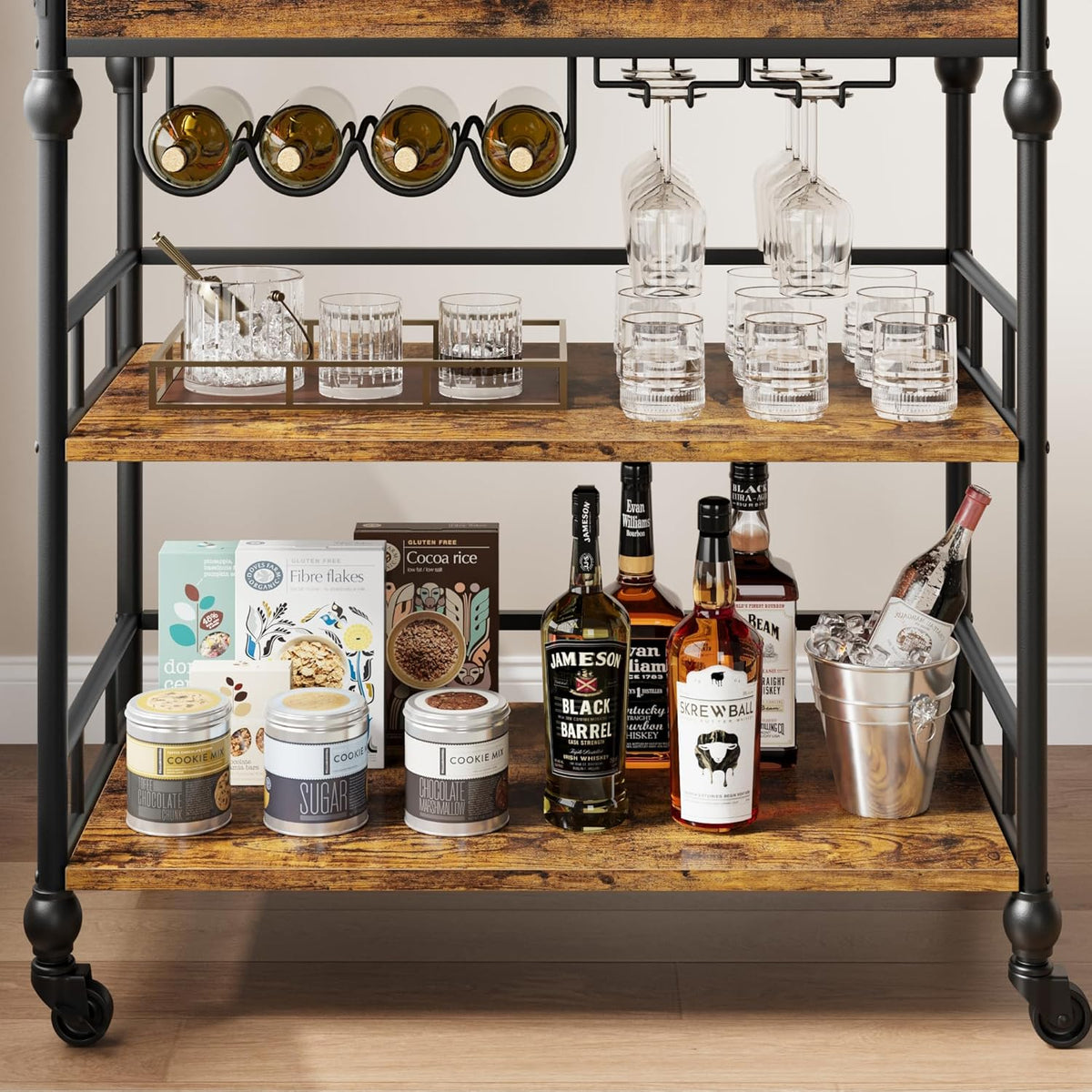 Bar Cart, Bar Carts for The Home, 3 Tier Serving Cart with Wheels, Home Bar & Serving Carts, Metal