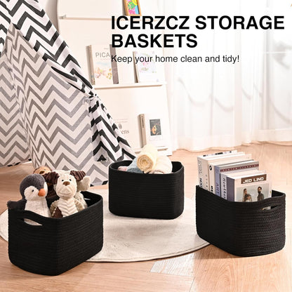 Black Storage Baskets for Shelves, Small Storage Baskets for Organizing, Woven Cotton Rope Baskets