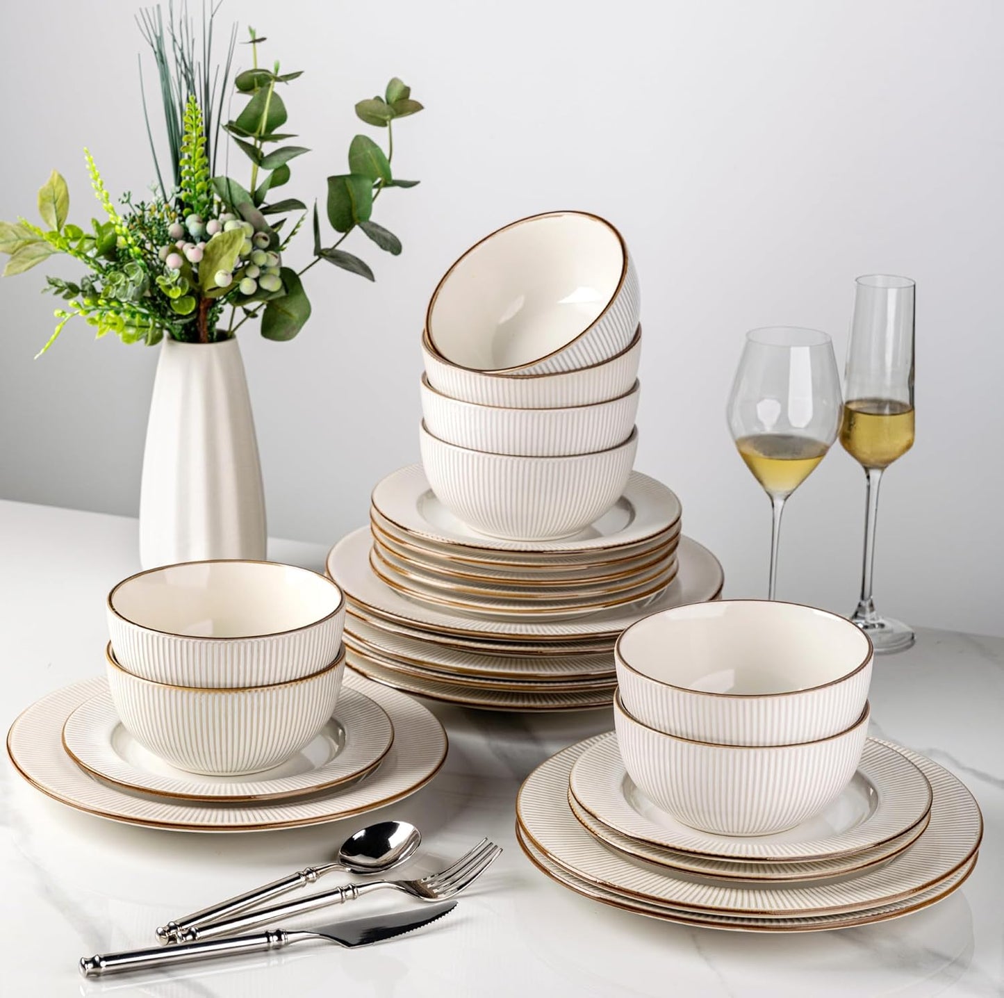GBHOME Ceramic Dinnerware Sets, 24 pcs Embossed Elegant Stoneware Plates and Bowls Sets