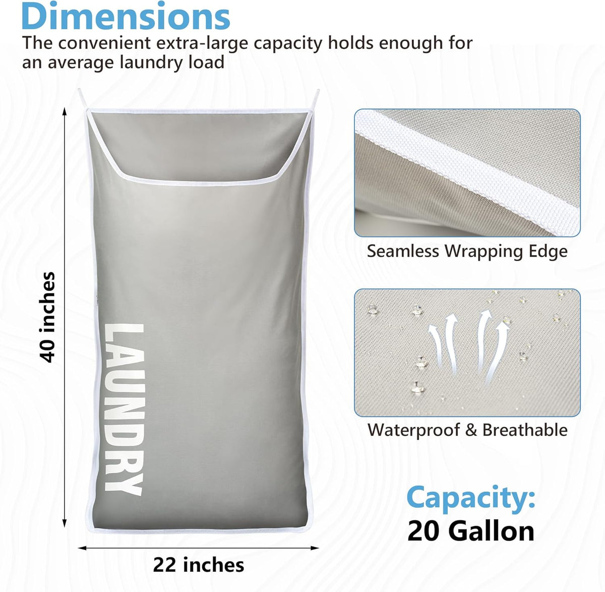 Hanging Laundry Hamper Bag XL 40x22", Space Saving over the Door Storage Bags, Behind the Door