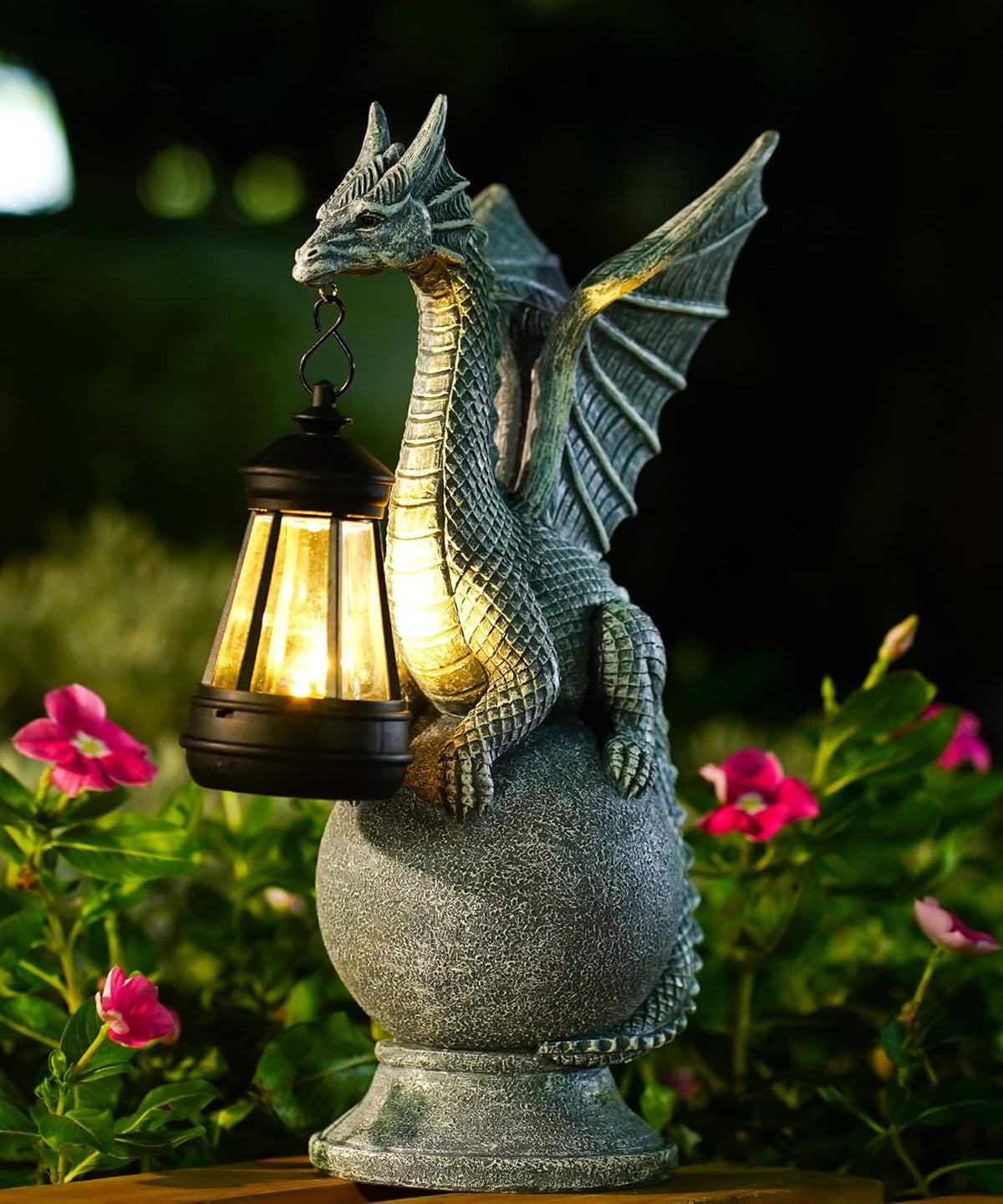 Qeeman Dragon on Ball with Solar Lantern Statues: Garden Decor Outdoor Decorations Art Figurine for