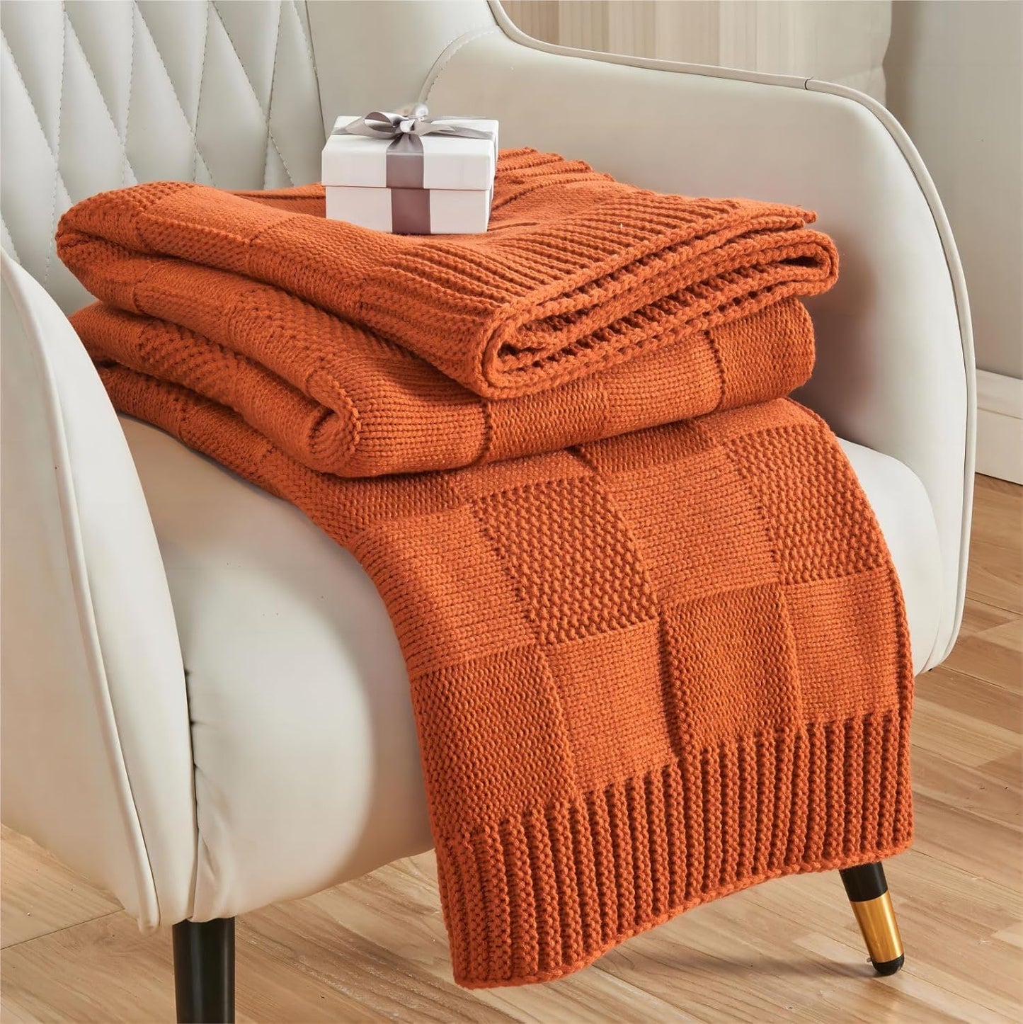 CozeCube Check Knit Throw Blanket, Rust Orange Checkered Throw for Couch, Decorative Christmas Soft