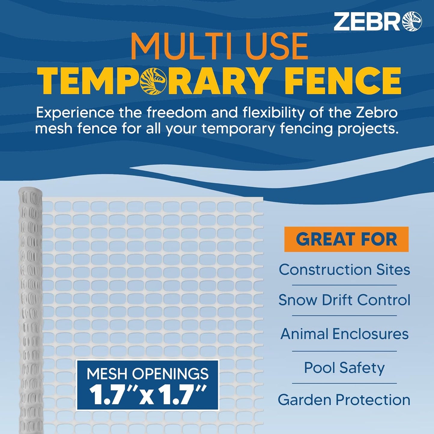 ZEBRO 4' x 50' White Plastic Garden Fence Roll – Standard Duty Safety Netting for Snow, Poultry