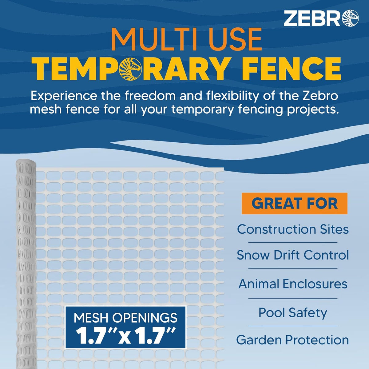 ZEBRO 4' x 50' White Plastic Garden Fence Roll – Standard Duty Safety Netting for Snow, Poultry