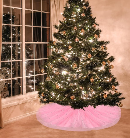Christmas Wedding Tree Skirt,45 inch 4-Layer Fluffy Romantic Pleated Sparkly Skirt Decoration Xmas