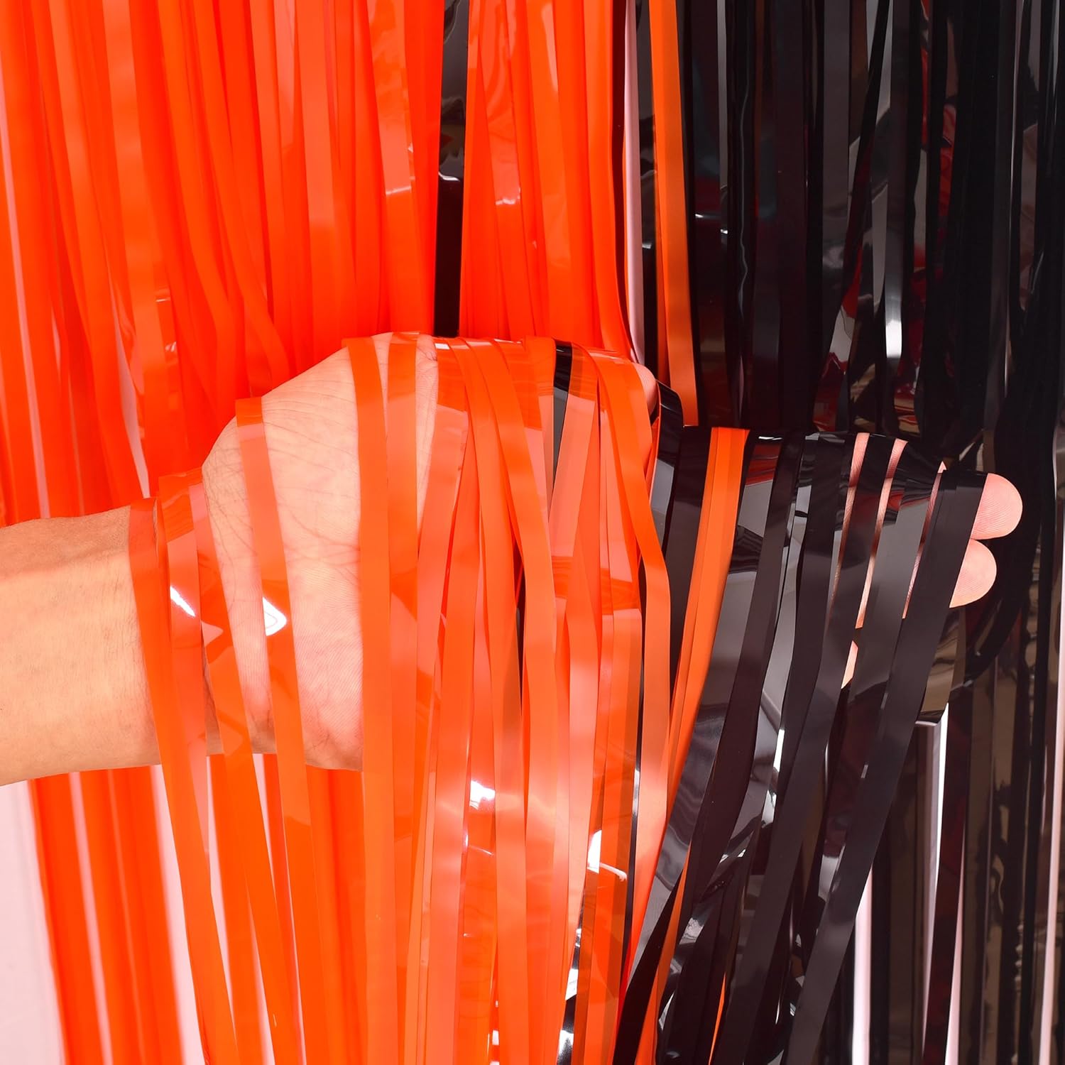 BRAVESHINE Tinsel Photo Backdrop Curtains - 2 Pack 3.2x8.2ft Black Orange Foil Fringe Streamer