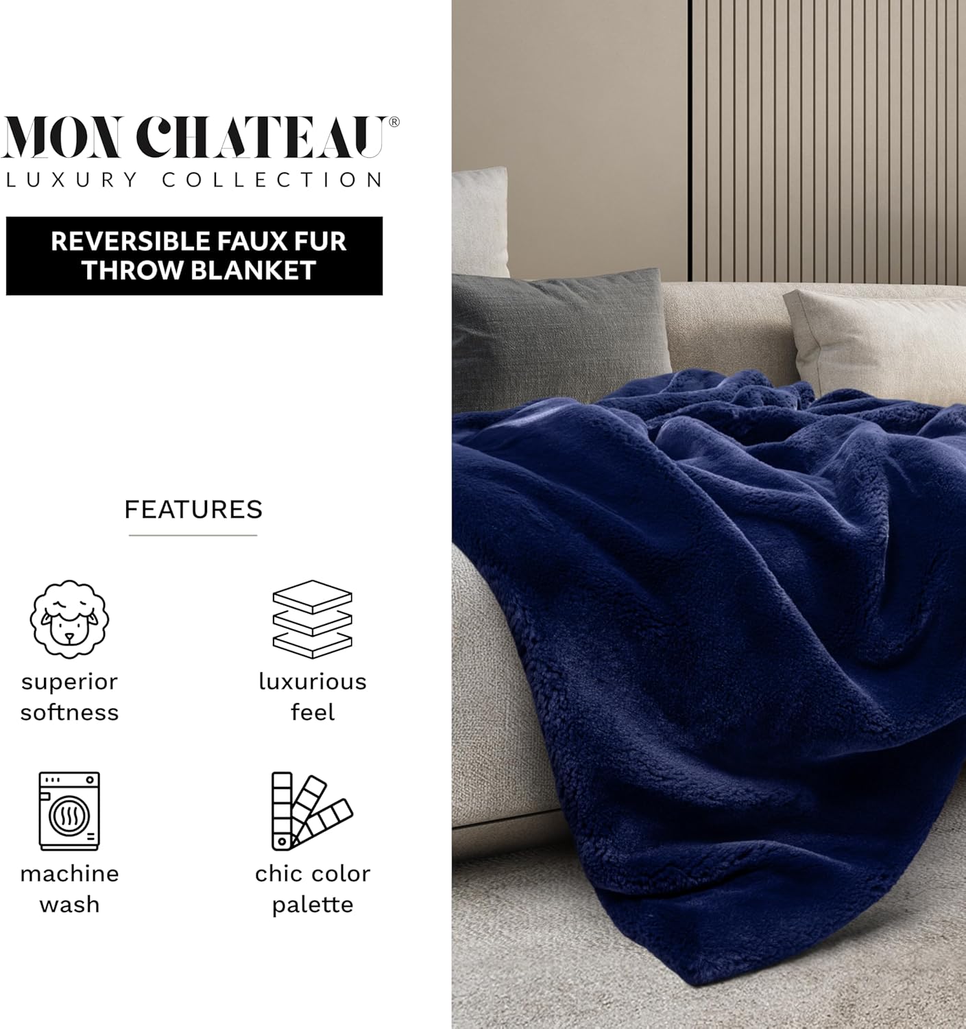 Mon Chateau Luxury Ultimate Plush Faux Fur Throw with 6cm Foldover for Couch, Sofa, or Bed - Plush