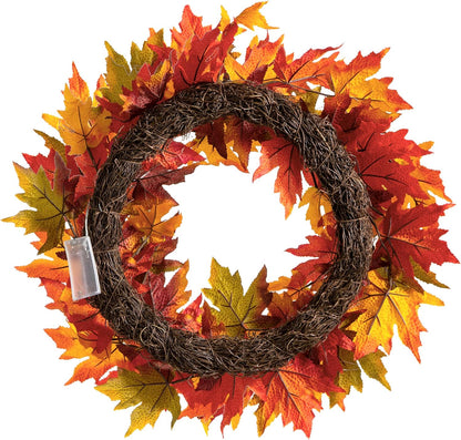 Glitzhome 24 Inch Pre-lit Fall Wreath, Autumn Wreath for Front Door, Lighted Maple Leaves Wreaths