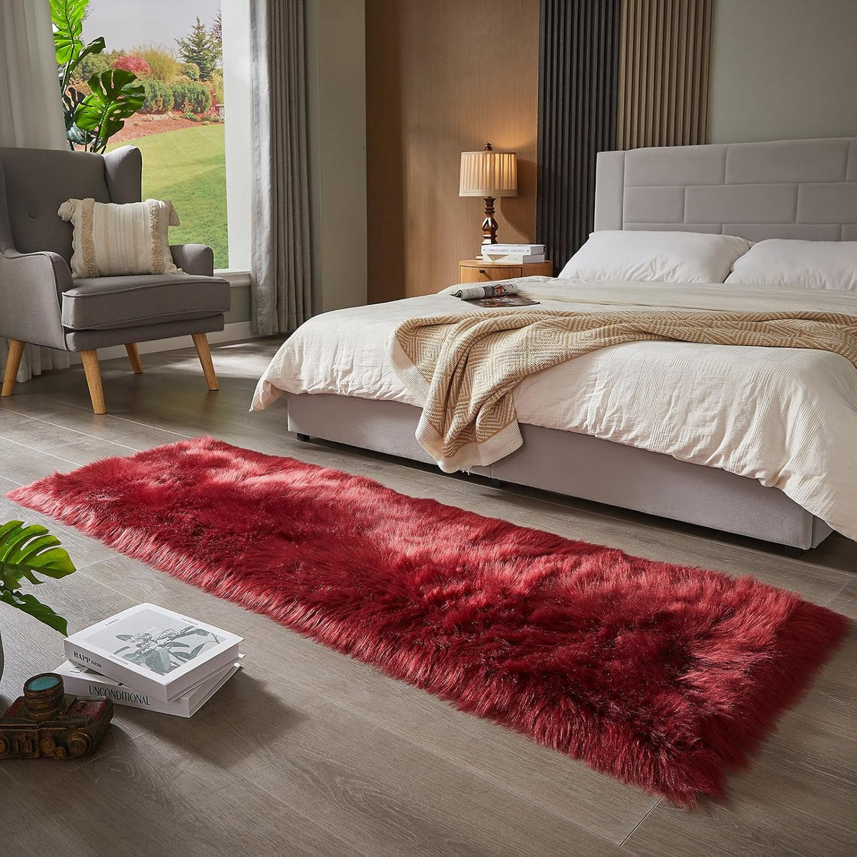 AMTOVO Faux Fur Rug, Burgundy Ultra Soft Fluffy Shag Sheepskin Rug, 2 x 6 ft Runner Area Rugs for