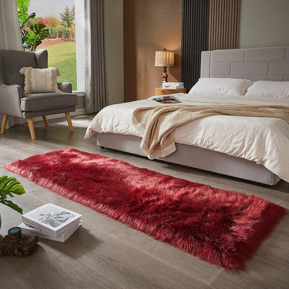 AMTOVO Faux Fur Rug, Burgundy Ultra Soft Fluffy Shag Sheepskin Rug, 2 x 6 ft Runner Area Rugs for