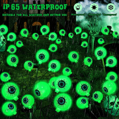 Solar Halloween Decorations, 4 Pack 24 LED Spooky Eyeball Lights, Outdoor Waterproof Solar Green