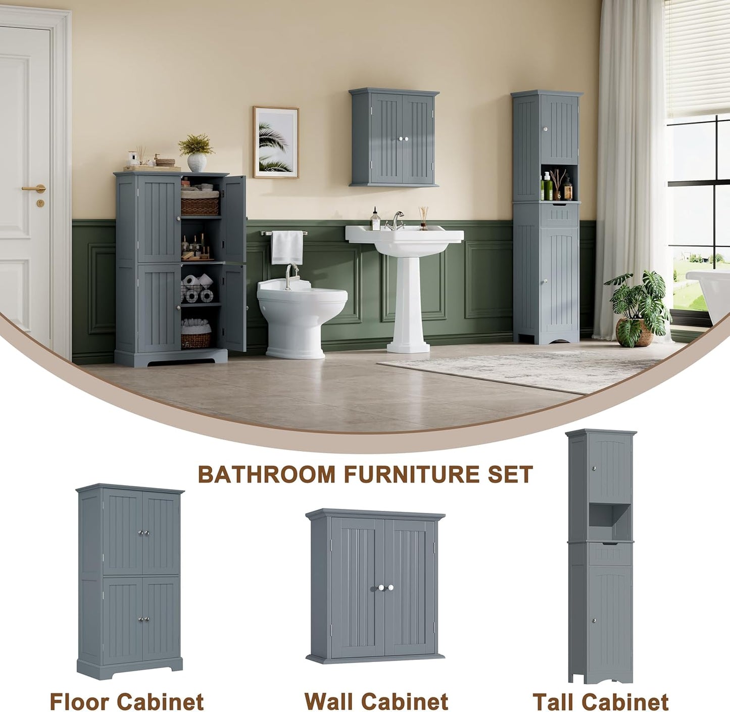ChooChoo Bathroom Floor Cabinet, Modern Bathroom Storage Cabinet with 4 Doors and Adjustable