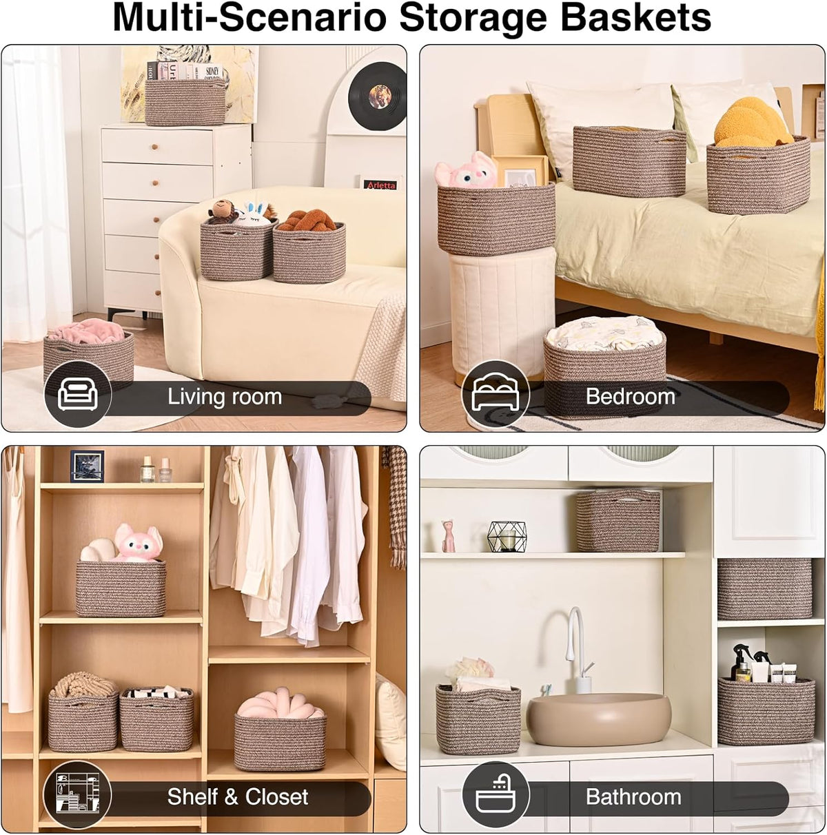 Storage Baskets for Shelves Organizing, Woven Cotton Rope Baskets for Storage, Book Basket