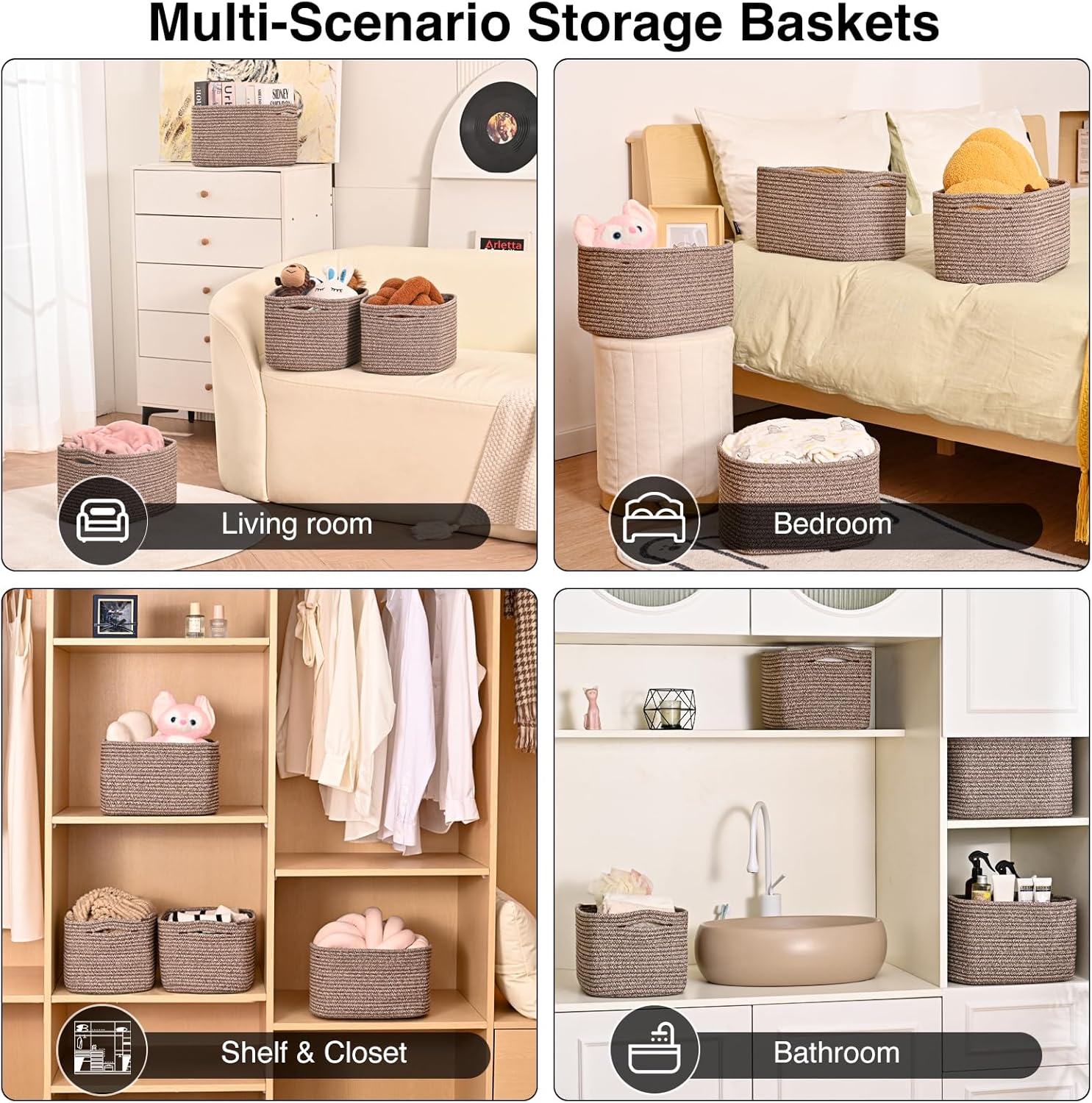 Storage Baskets for Shelves Organizing, Woven Cotton Rope Baskets for Storage, Book Basket