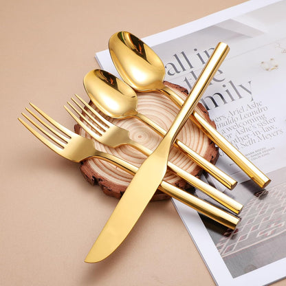 Mirror Silverware Set Gold Flatware Set with Hexagon Handle 20 Pieces 18/0 Stainless Steel Cutlery