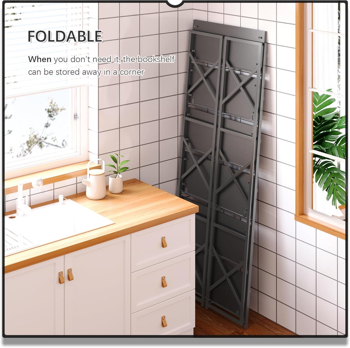 4NM 6 Tiers No Assembly Book Shelves, 61.8" H Folding Bookshelf Bookcase Open Industrial Foldable