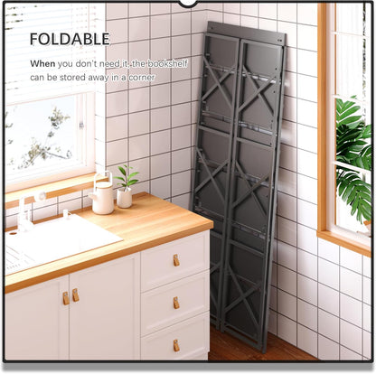 4NM 6 Tiers No Assembly Book Shelves, 61.8" H Folding Bookshelf Bookcase Open Industrial Foldable