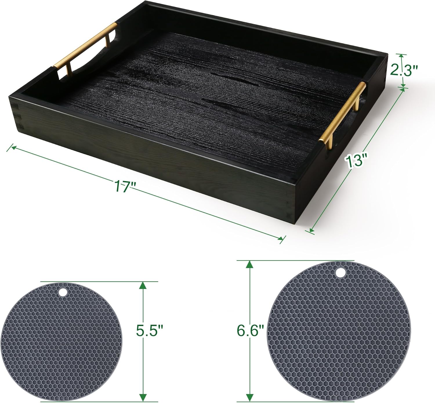 LotFancy Wood Serving Tray, 17x13”, Large Ottoman Tray with Metal Handles, Decorative Wooden Tray