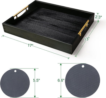LotFancy Wood Serving Tray, 17x13”, Large Ottoman Tray with Metal Handles, Decorative Wooden Tray
