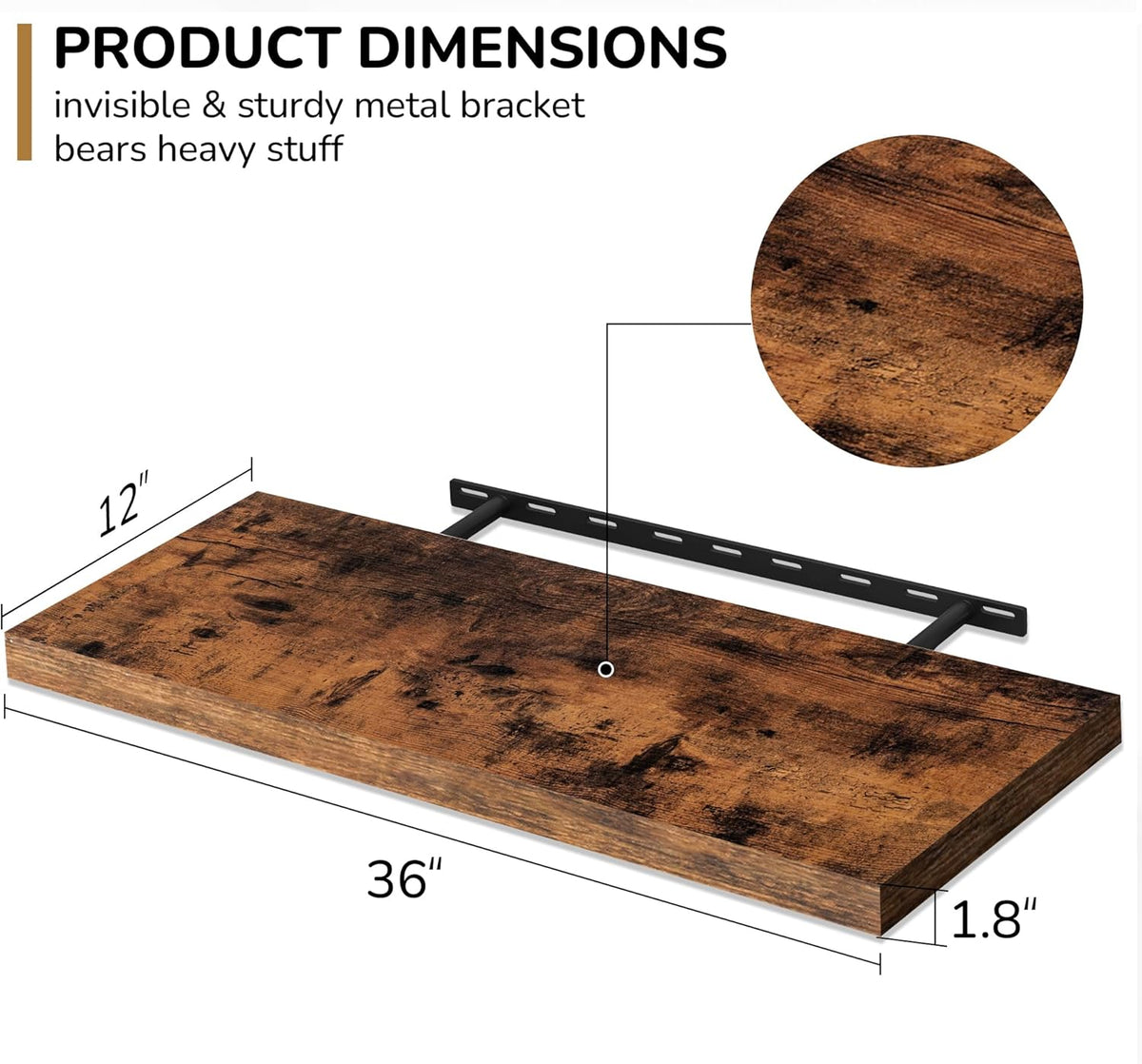 Fun Memories Floating Shelves - 2 Pack 12 Inch Rustic Wooden Wall Shelves - Extra Deeper & Thicker