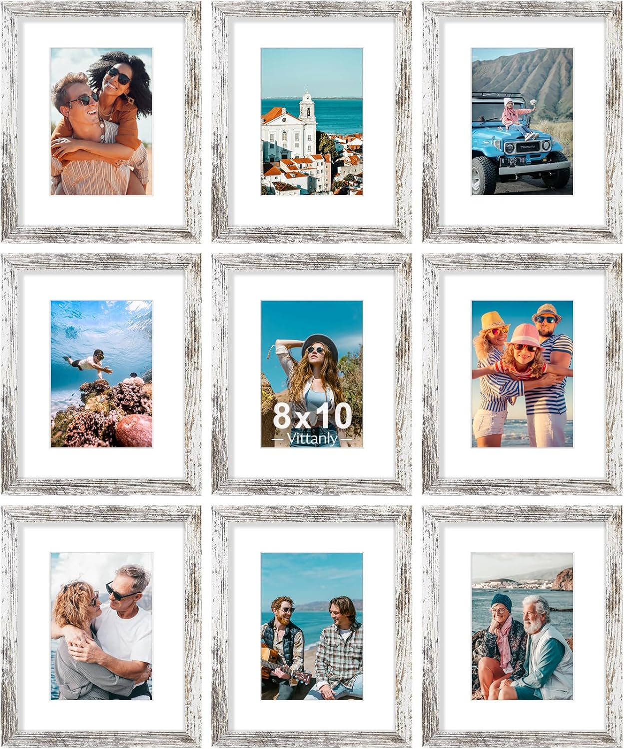 Vittanly 8x10 Picture Frames Set of 9, Shatter Resistant Plexiglass, Display 5x7 Pictures with Mat