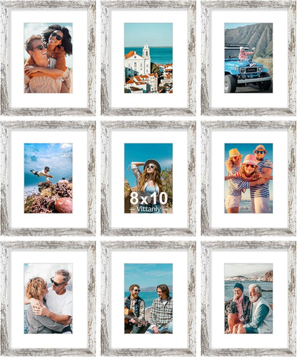 Vittanly 8x10 Picture Frames Set of 9, Shatter Resistant Plexiglass, Display 5x7 Pictures with Mat